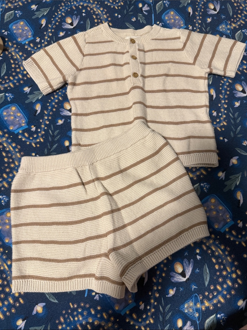 Cream & Beige Striped Knit Short Set